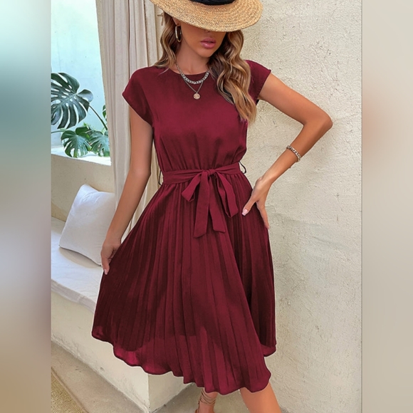Dresses & Skirts - Retro Pleated Classy Modest Short Sleeve Knee Length Belted Midi Dress